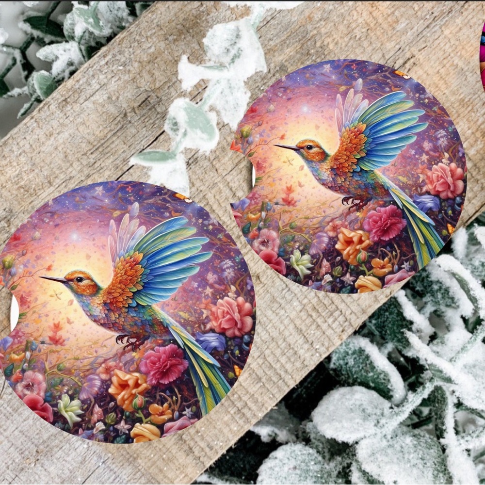 Handmade Spring Hummingbird Car Coasters | New Set Of Two Neoprene Car Coasters